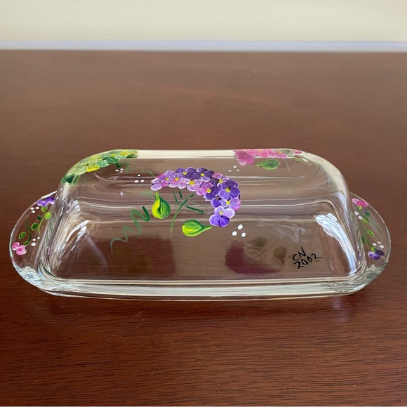 Vintage Hand Painted Flowered Glass Butter Dish With Lid - Picture 2 of 7